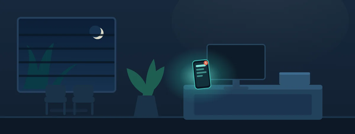Illustration of a dental clinic reception after closing: empty waiting chairs, a dark monitor, nobody behind the desk, and a phone on the counter glowing with one unread enquiry