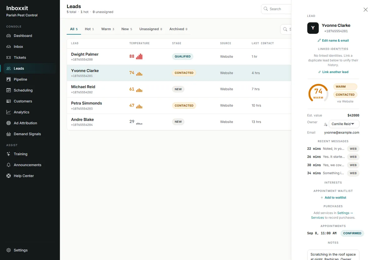 Inboxxit leads list for a pest-control business showing enquiries scored from 88 downwards with pipeline stages, beside an open lead panel with the buying-intent score, owner and intake notes