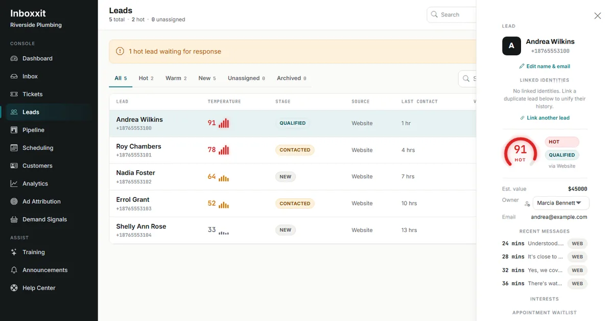 Inboxxit leads list for a plumbing business showing enquiries scored from 91 downwards with pipeline stages, beside an open lead panel with the buying-intent score, assigned owner and intake notes