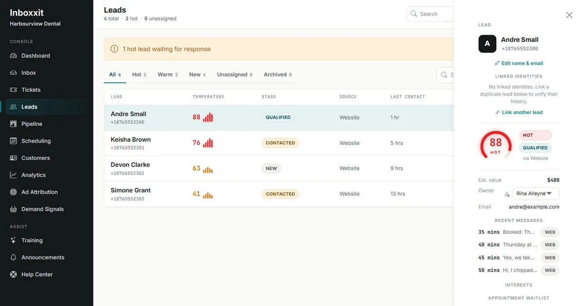 Inboxxit leads list with buying-intent scores beside an open lead panel showing the score, pipeline stage, assigned owner and a confirmed appointment created from the website conversation