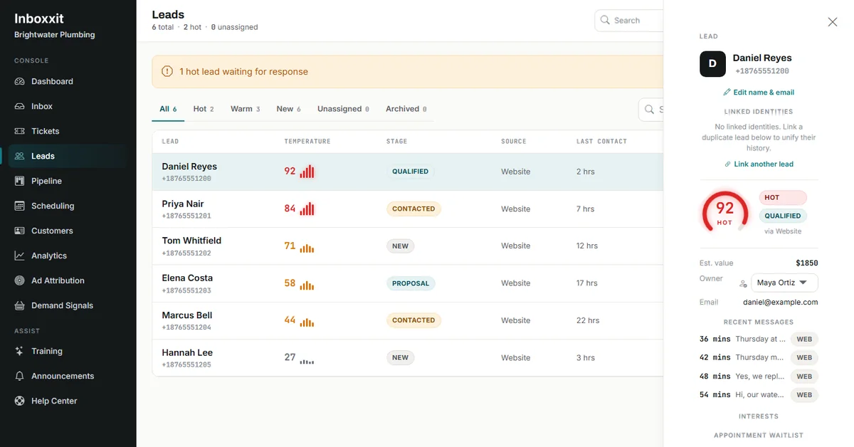 Inboxxit leads list showing website enquiries scored from 92 down to 27 with pipeline stages, beside an open lead panel with the buying-intent score, assigned owner and recent web messages