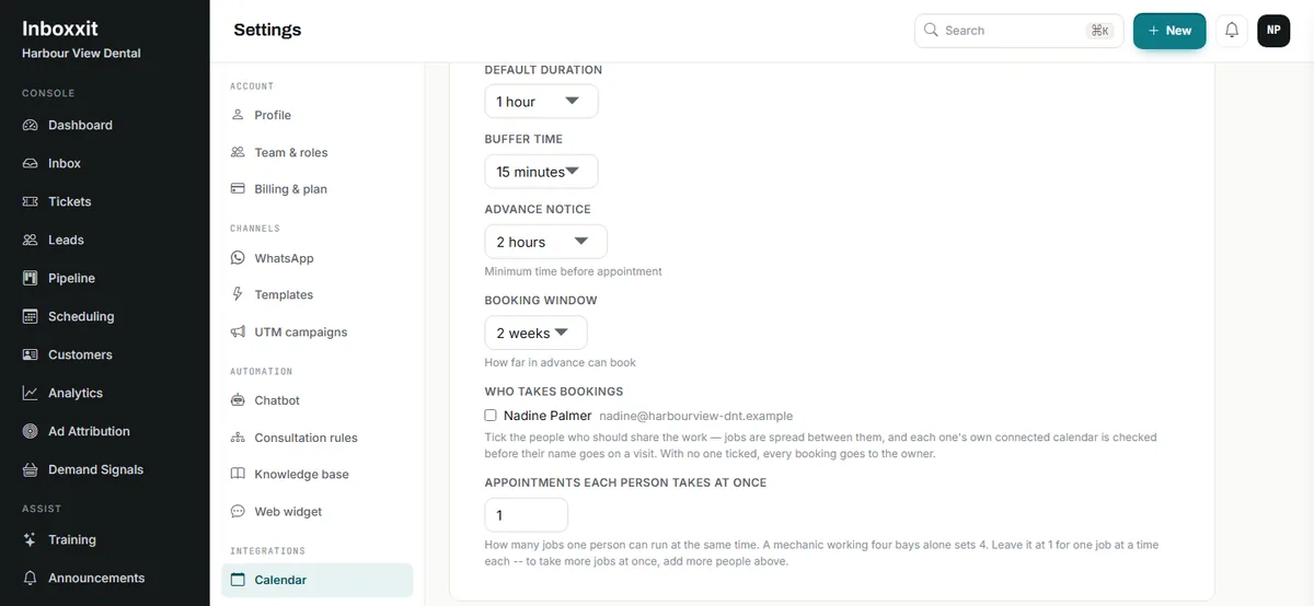 Inboxxit calendar settings showing default duration, buffer time, advance notice, booking window, the who takes bookings list with a team member checkbox, and the appointments each person takes at once field set to 1 with its explanatory note