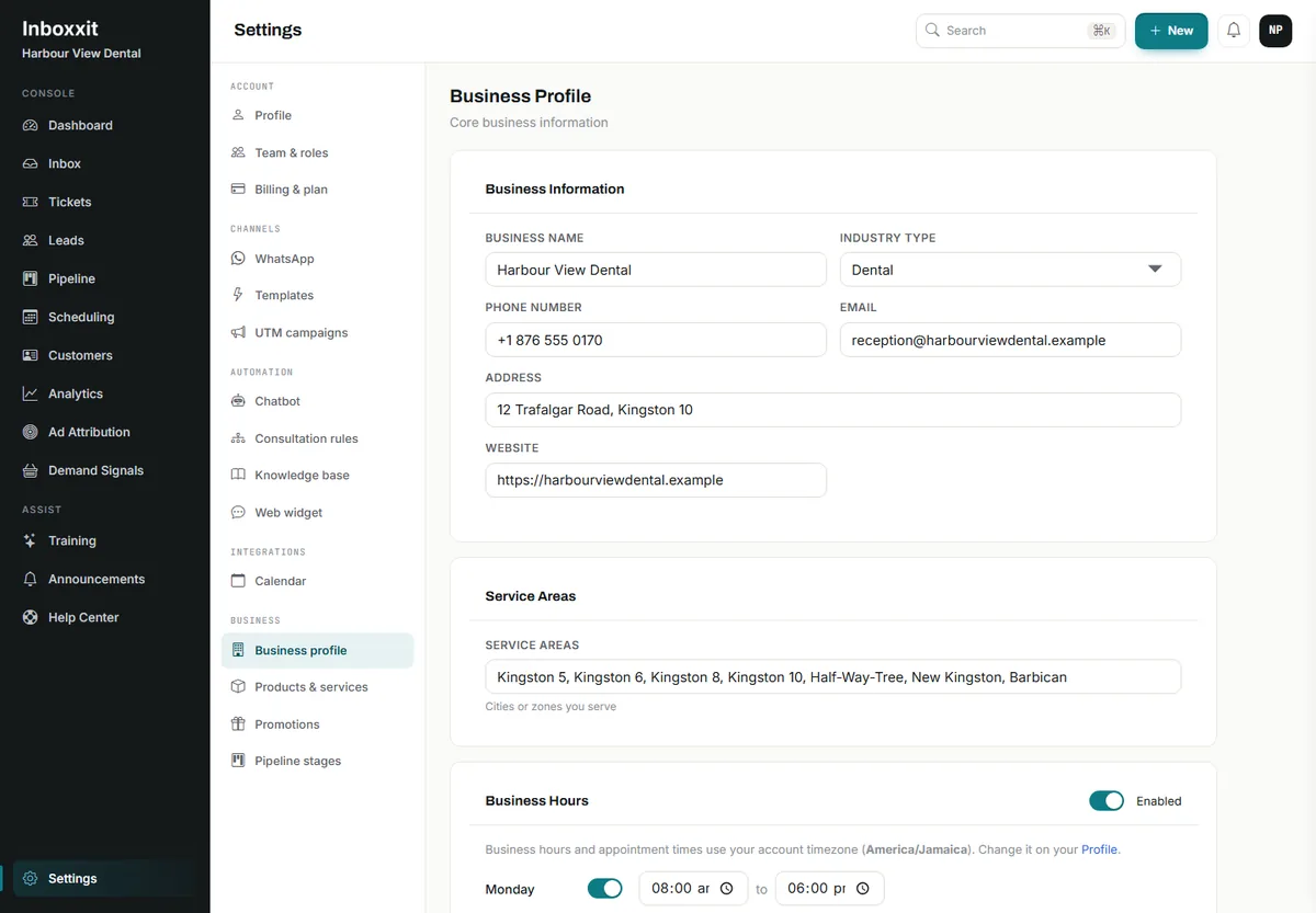 Inboxxit business profile for a dental practice showing the industry type, contact details, the areas served across Kingston and business hours running on the America slash Jamaica timezone
