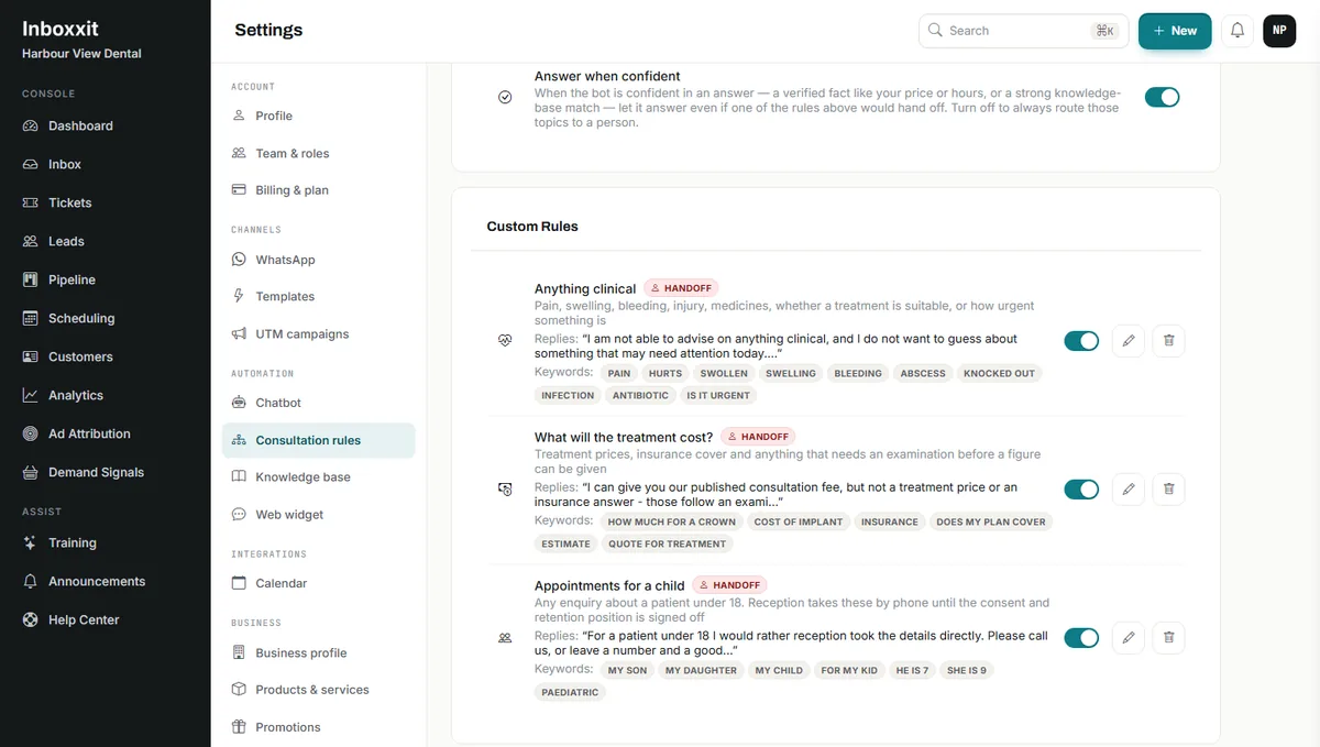 Inboxxit consultation rules screen for a dental practice showing three custom rules, each marked Handoff: anything clinical, what will the treatment cost, and appointments for a child, each with the exact reply the patient will see and the keywords that trigger it