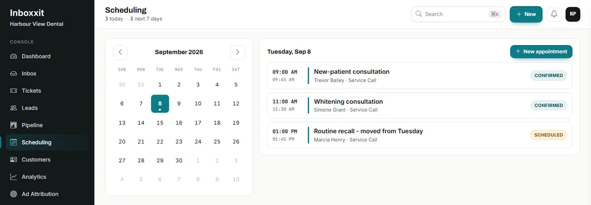 Inboxxit scheduling screen for a dental practice showing three appointments in one day: a new-patient consultation, a whitening consultation and a routine recall moved from Tuesday, two confirmed and one scheduled
