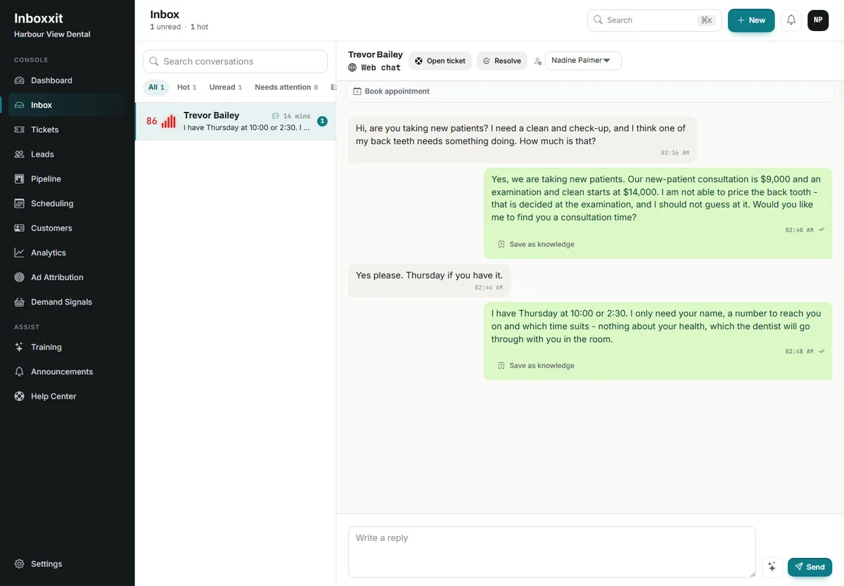 Inboxxit shared inbox showing a dental conversation in which the patient asks about a check-up and the price of work on a back tooth, and the reply gives the published consultation and clean fees, declines to price the tooth because that is decided at the examination, offers two consultation times and asks only for a name, a number and a preferred time