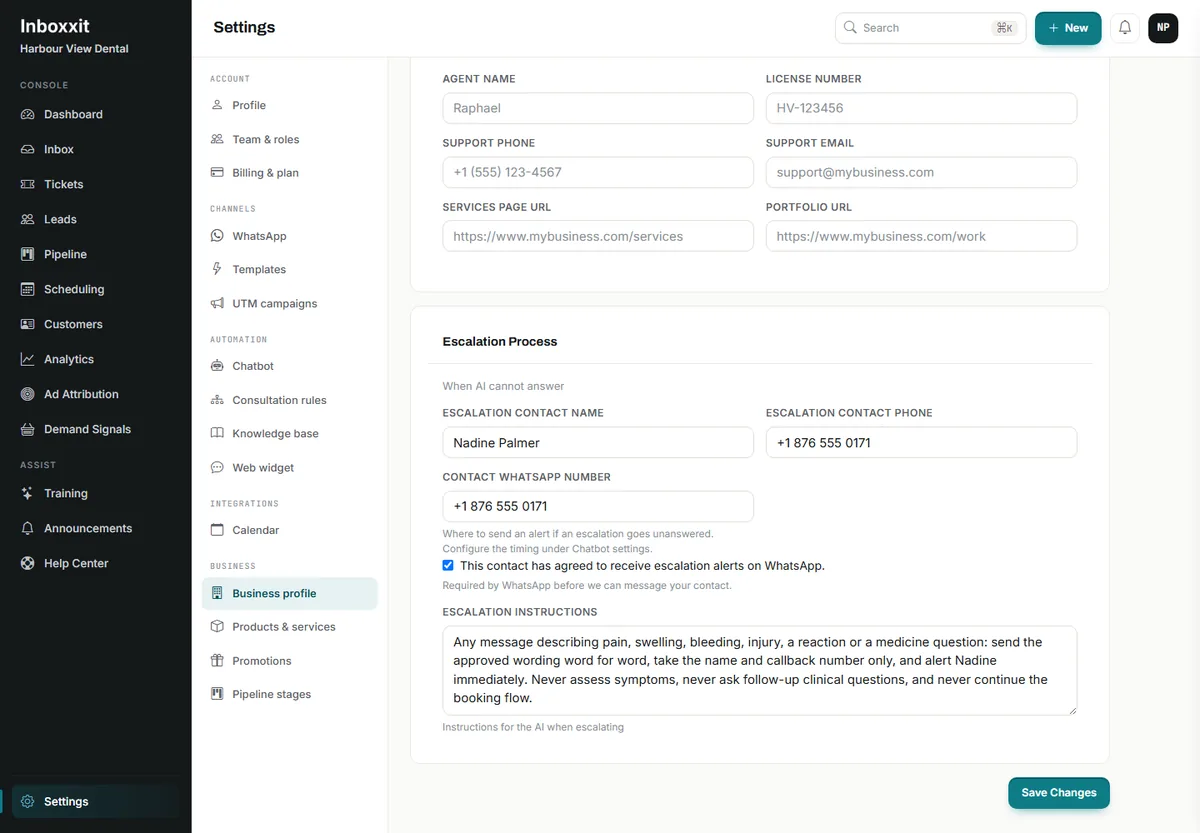 Inboxxit business profile showing the escalation contact name, telephone and WhatsApp number with consent ticked, and escalation instructions telling the assistant to send approved wording word for word, take only the name and callback number, alert the named colleague immediately and never assess symptoms or continue the booking flow