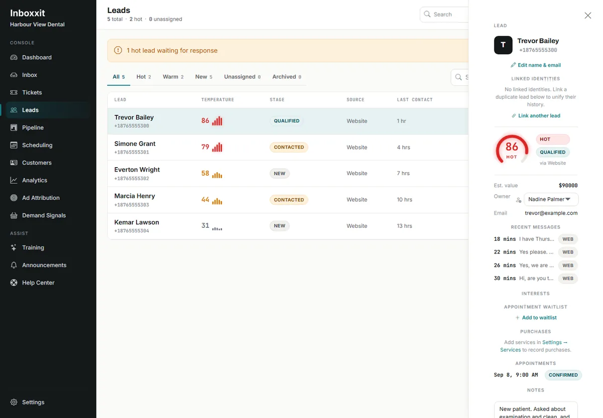 Inboxxit leads list for a dental practice showing enquiries scored from 86 downwards with pipeline stages, beside an open lead panel with the buying-intent score, assigned owner, recent messages and administrative intake notes