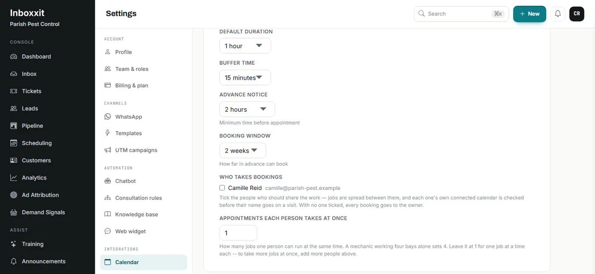 Inboxxit calendar settings showing default duration, buffer time, advance notice, booking window, the who takes bookings list with a team member checkbox, and the appointments each person takes at once field set to 1 with its explanatory note