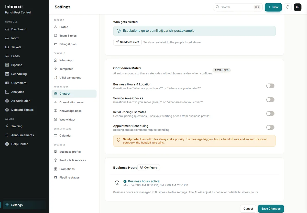 Inboxxit chatbot settings showing the Confidence Matrix with all four auto-respond categories switched off for a pest-control business: business hours and location, service area checks, initial pricing estimates and appointment scheduling