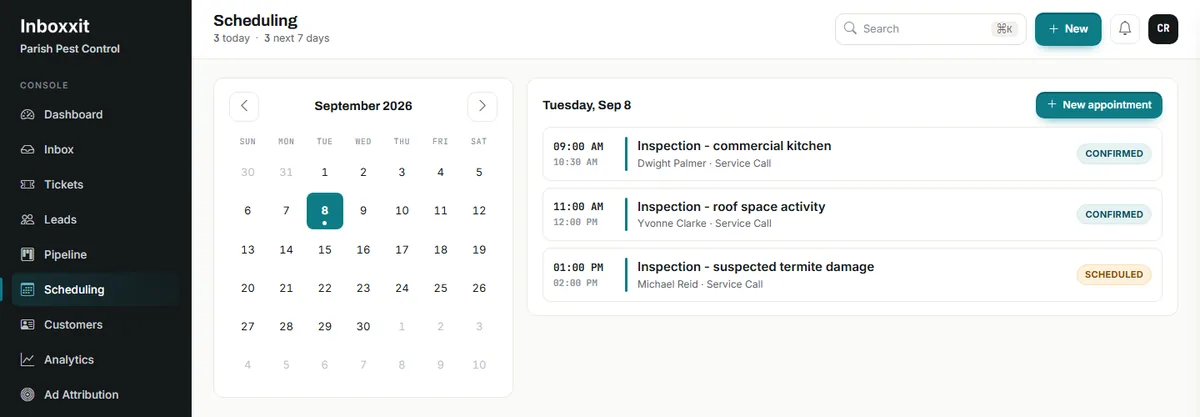 Inboxxit scheduling screen for a pest-control business showing three inspection appointments in one day: a commercial kitchen inspection, a roof space activity inspection and a suspected termite damage inspection, two confirmed and one scheduled