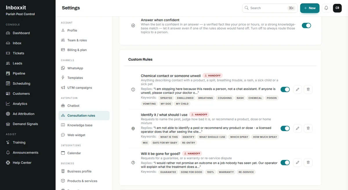 Inboxxit consultation rules screen for a pest-control business showing three custom rules, each marked Handoff: chemical contact or someone unwell, identify it or what should I use, and will it be gone for good, each with the exact reply the customer will see and the keywords that trigger it
