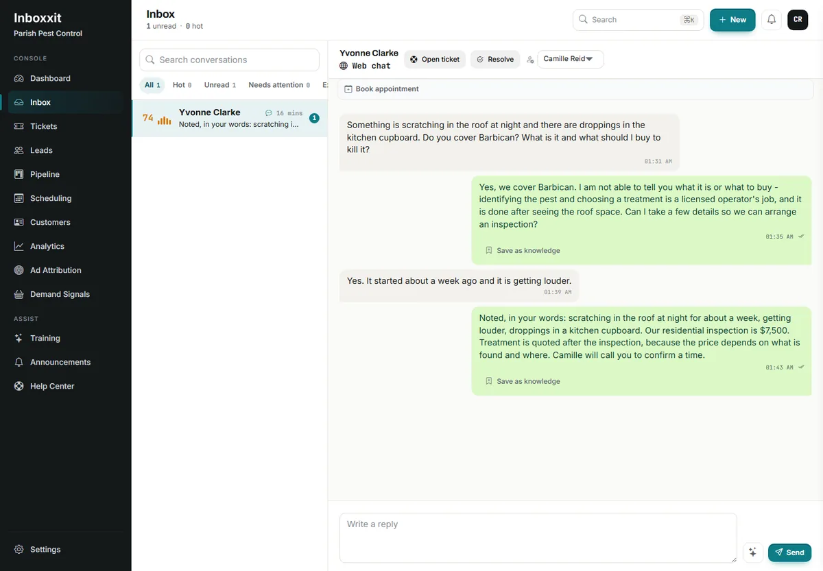 Inboxxit shared inbox showing a pest-control conversation in which the customer asks what the pest is and what to buy, and the reply confirms the service area, declines to identify the pest or recommend a product, records the customer's own description, states the inspection fee and hands the job to a named colleague