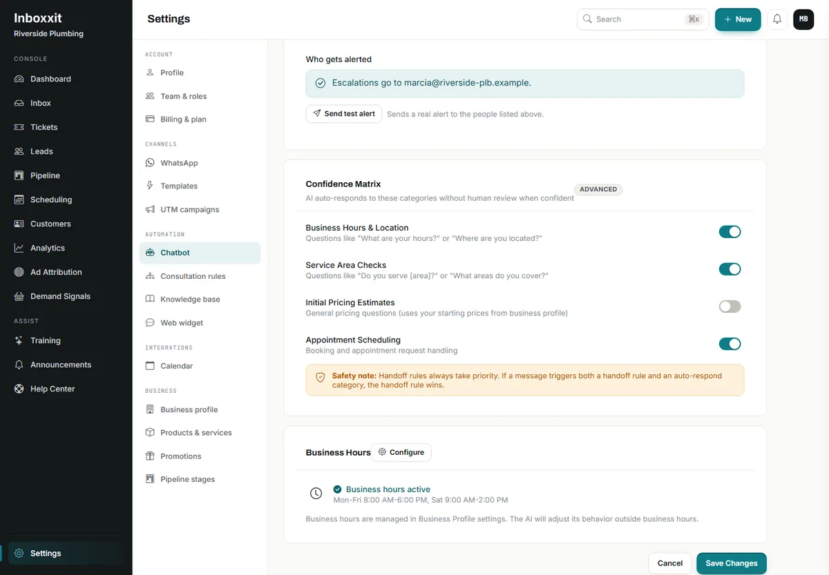 Inboxxit chatbot settings showing the Confidence Matrix with business hours and service area checks switched on, initial pricing estimates switched off, appointment scheduling on, and a safety note stating that handoff rules always take priority over auto-respond categories