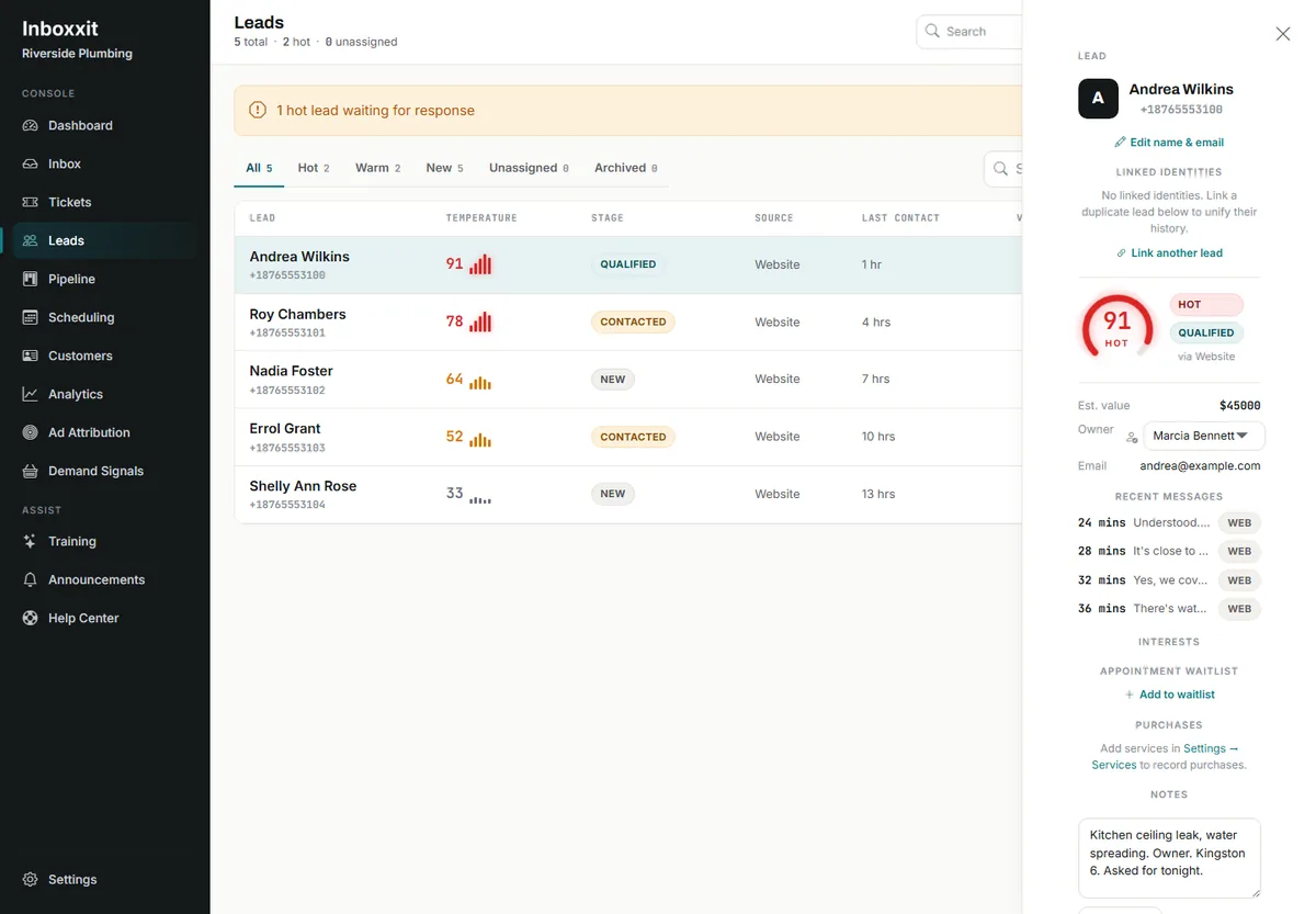 Inboxxit leads list for a plumbing business showing enquiries scored from 91 down to 33 with pipeline stages, beside an open lead panel with the score, estimated value, assigned owner, recent web messages and the intake notes