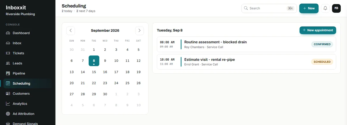 Inboxxit scheduling screen showing a day with a confirmed routine assessment for a blocked drain and a scheduled estimate visit for a rental re-pipe, each with the customer name and status
