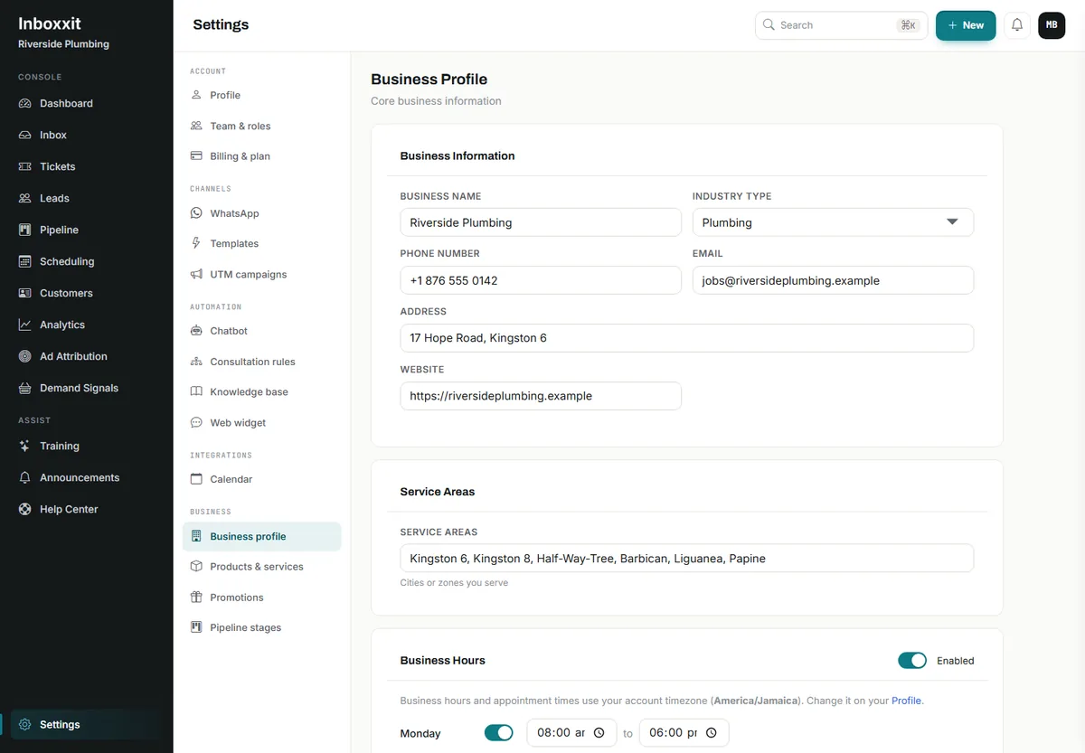 Inboxxit business profile for a plumbing company showing industry type set to Plumbing, a Kingston address, a list of service areas including Kingston 6, Half-Way-Tree, Barbican and Liguanea, and business hours enabled