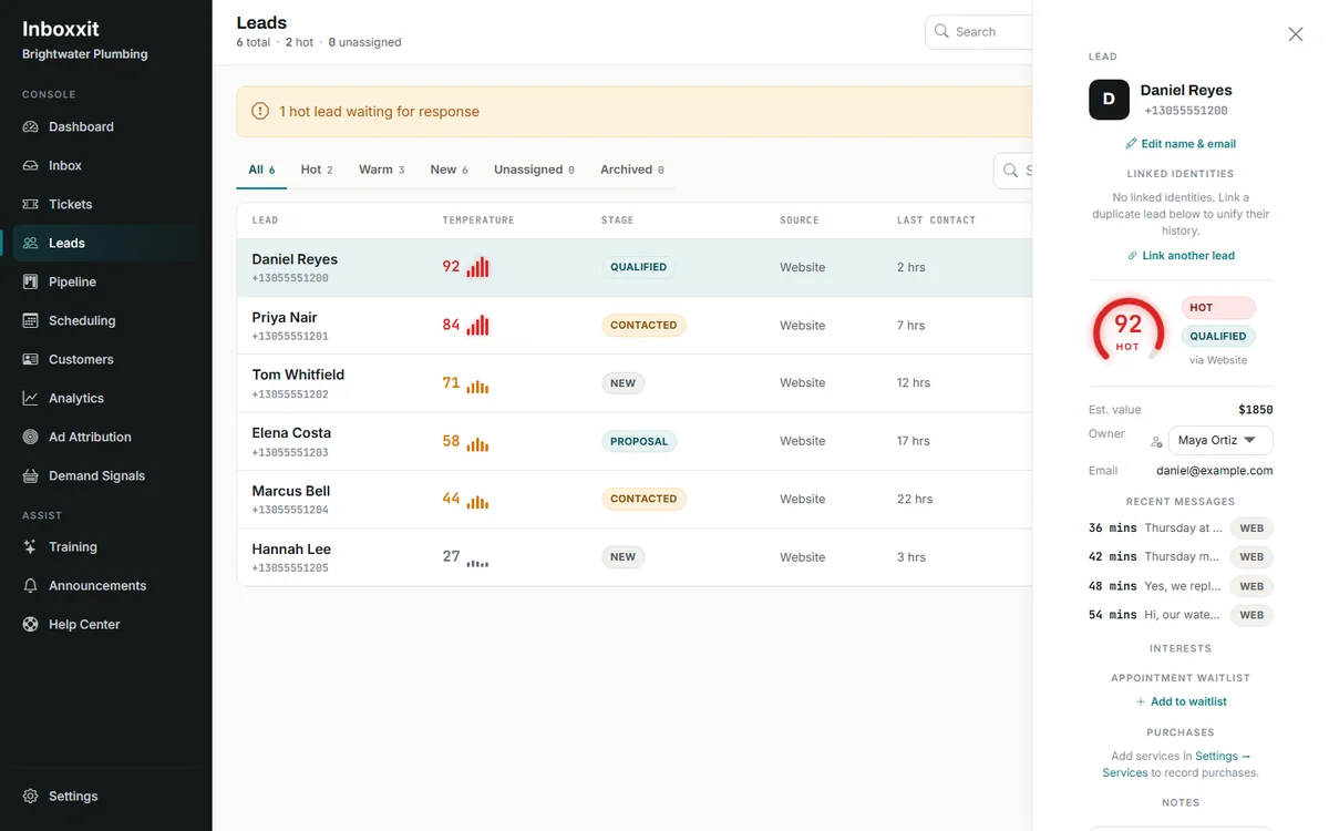 Inboxxit leads list with buying-intent scores from 92 down to 27, and an open lead panel showing a score of 92, the Qualified stage, estimated value, owner and recent web messages