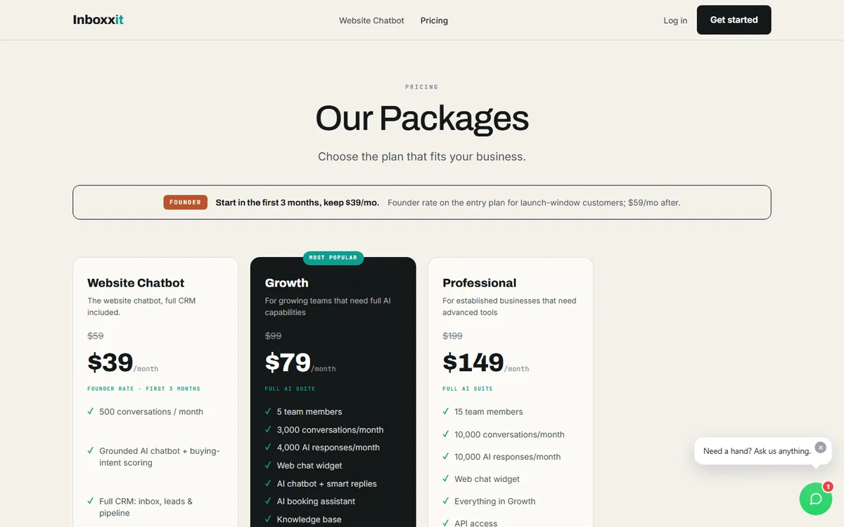 Inboxxit pricing page showing the Website Chatbot plan at $39 per month founder rate, Growth at $79 and Professional at $149 with conversation and AI response allowances
