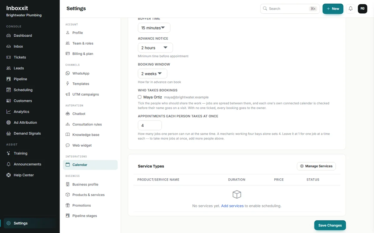Inboxxit calendar settings showing who takes bookings and the field Appointments each person takes at once set to 4