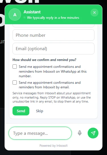 Inboxxit website chat widget asking a visitor for a phone number and optional email, with separate consent boxes for appointment confirmations and reminders by WhatsApp or email