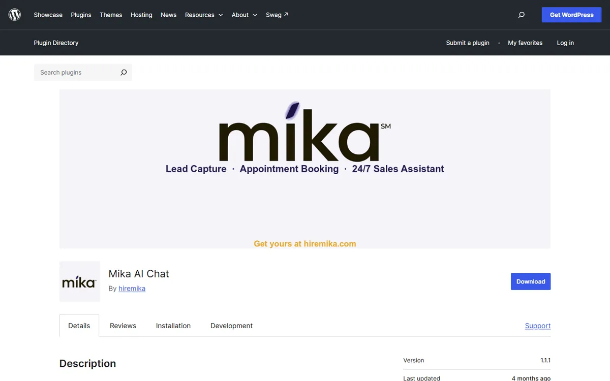 Mika AI Chat plugin listing on WordPress.org with the banner Lead Capture, Appointment Booking, 24/7 Sales Assistant