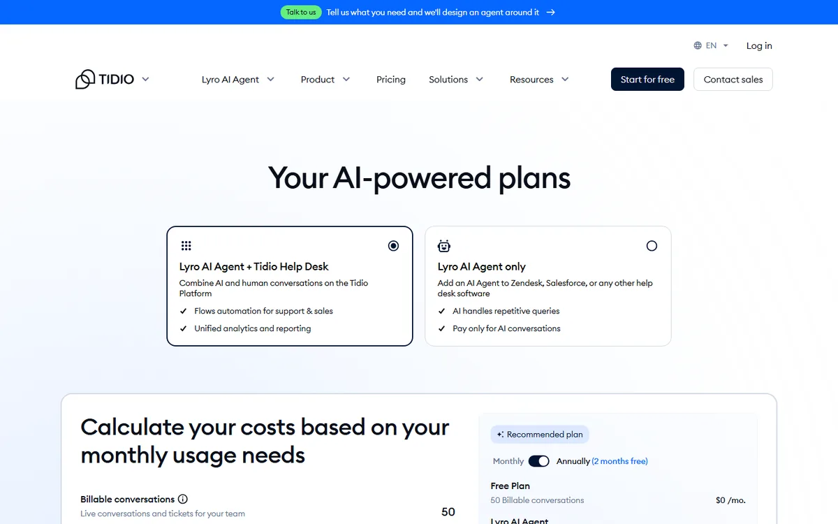 Tidio pricing page showing the Lyro AI Agent plus Help Desk and Lyro AI Agent only options with a usage calculator