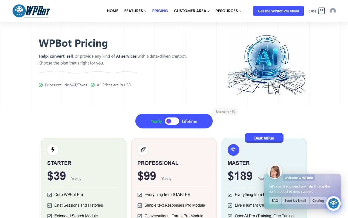 WPBot pricing page showing Starter $39, Professional $99 and Master $189 yearly plans with a yearly or lifetime toggle