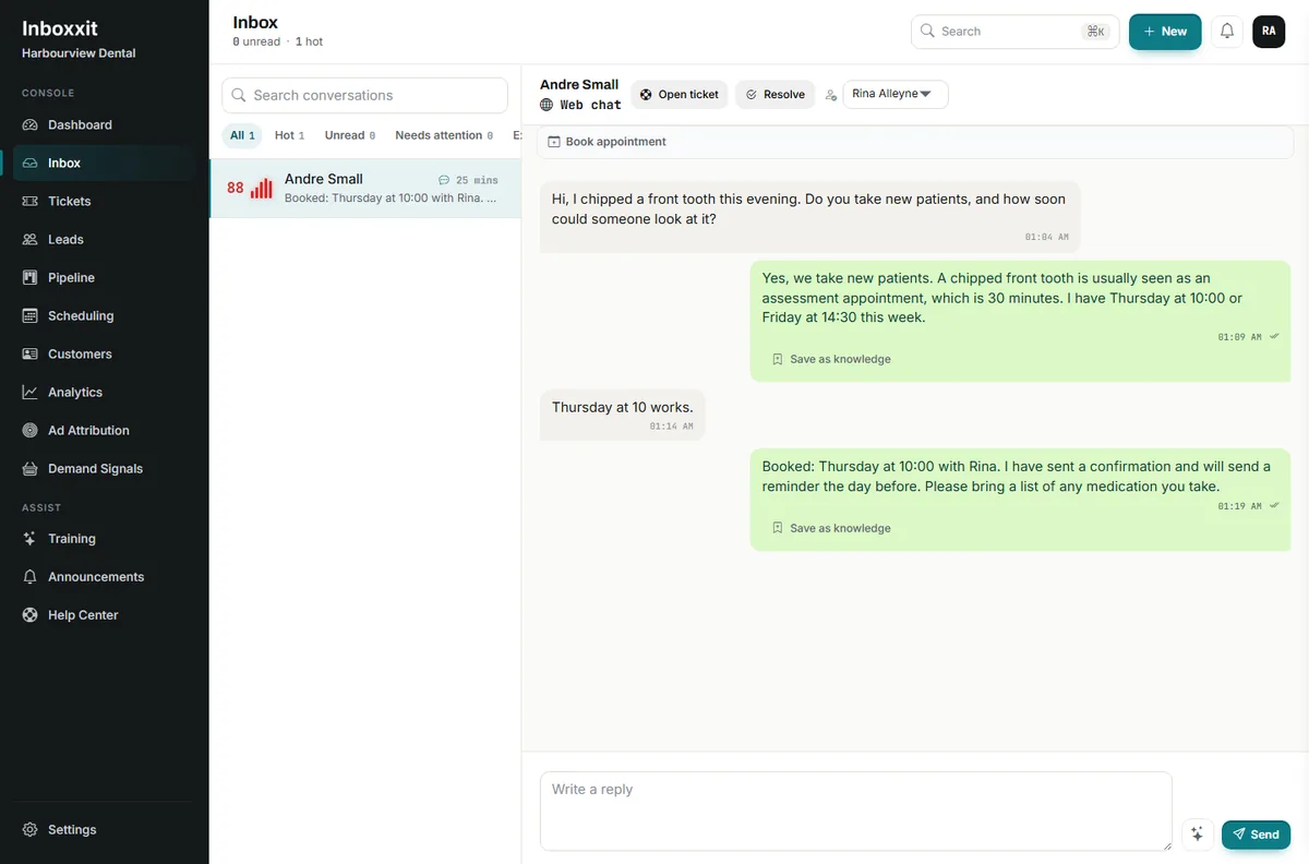 Inboxxit shared inbox showing a complete website chat about a chipped tooth ending in a confirmed booking, with the buying-intent score on the conversation row, an assignment dropdown and Book appointment, Open ticket and Save as knowledge actions