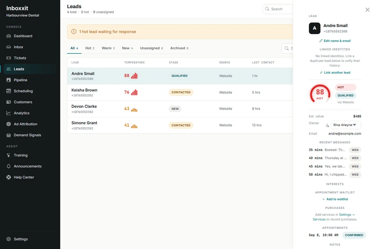 Inboxxit leads list with buying-intent scores from 88 down to 41 beside an open lead panel showing the score, Qualified stage, estimated value, assigned owner, recent web messages and a confirmed appointment