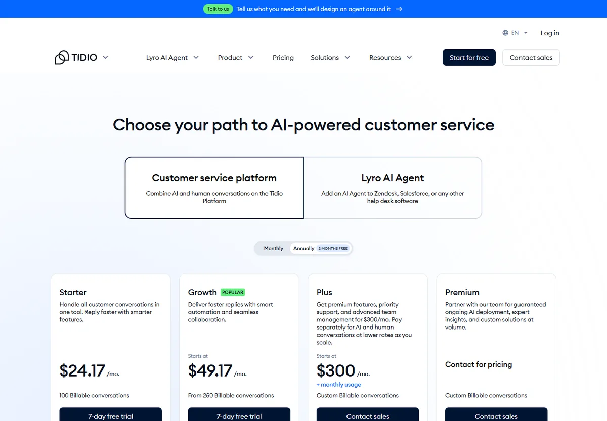 Tidio pricing page showing the Starter plan at 24.17 dollars per month with 100 billable conversations and the Growth plan starting at 49.17 dollars per month with from 250 billable conversations, both with a seven-day free trial