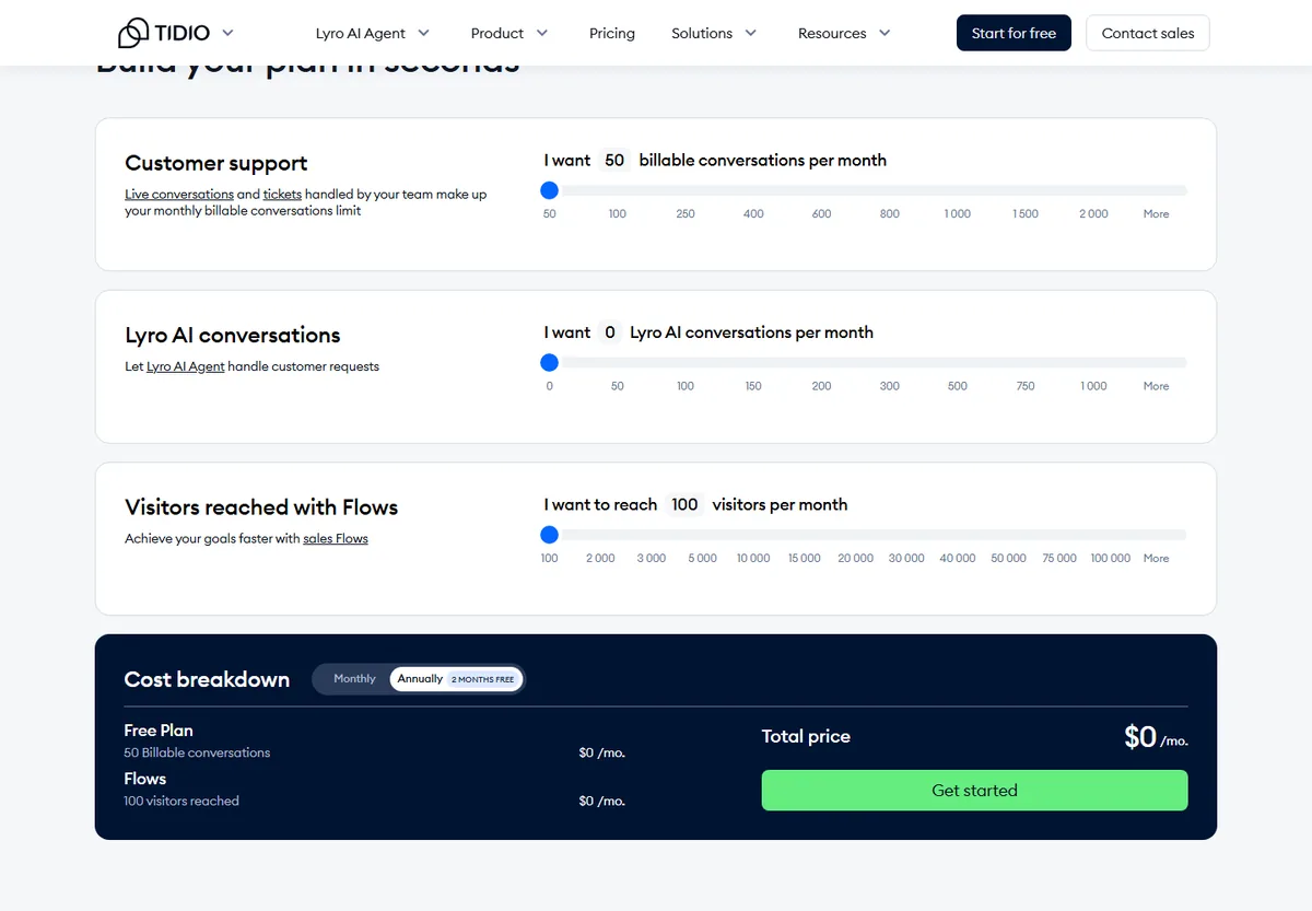 Tidio pricing calculator showing three separate sliders for billable conversations, Lyro AI conversations and visitors reached with Flows, with a cost breakdown panel underneath