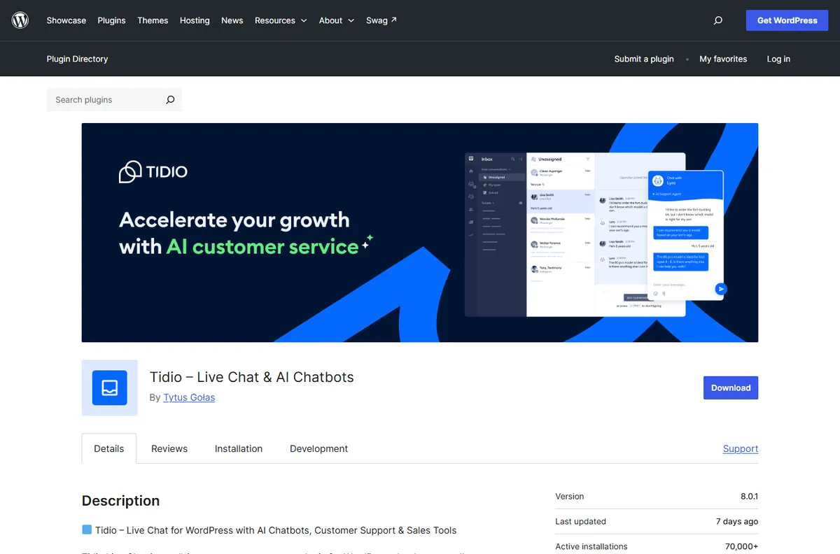 The Tidio Live Chat and AI Chatbots listing in the WordPress plugin directory showing version 8.0.1, last updated seven days ago and more than 70,000 active installations