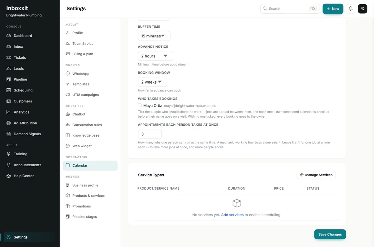 Inboxxit calendar settings showing buffer time, advance notice, booking window, a Who takes bookings list with one team member, and the field Appointments each person takes at once set to 3