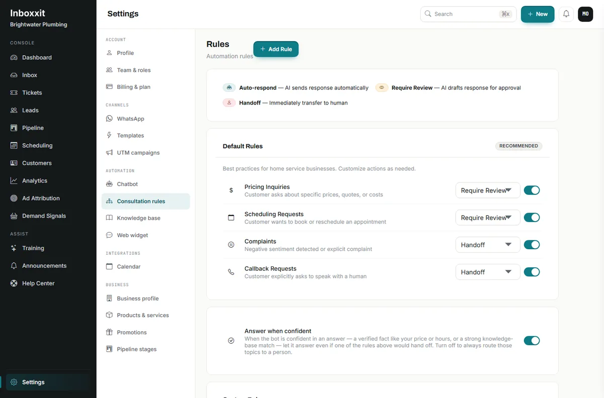 Inboxxit consultation rules screen with default rules for pricing enquiries and scheduling requests set to Require Review, complaints and callback requests set to Handoff, and an Answer when confident switch enabled