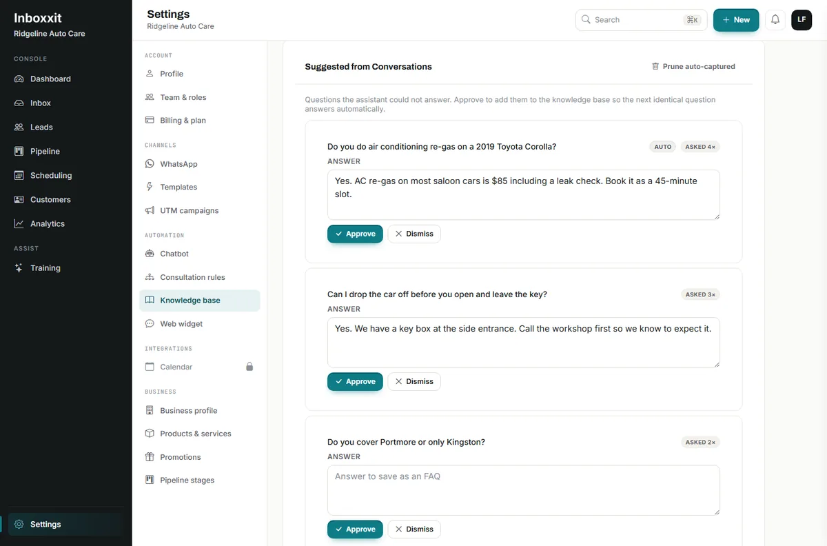 Inboxxit knowledge base screen on an entry-plan account showing a Suggested from Conversations queue with three unanswered customer questions, how many times each was asked, editable answer boxes and Approve or Dismiss buttons