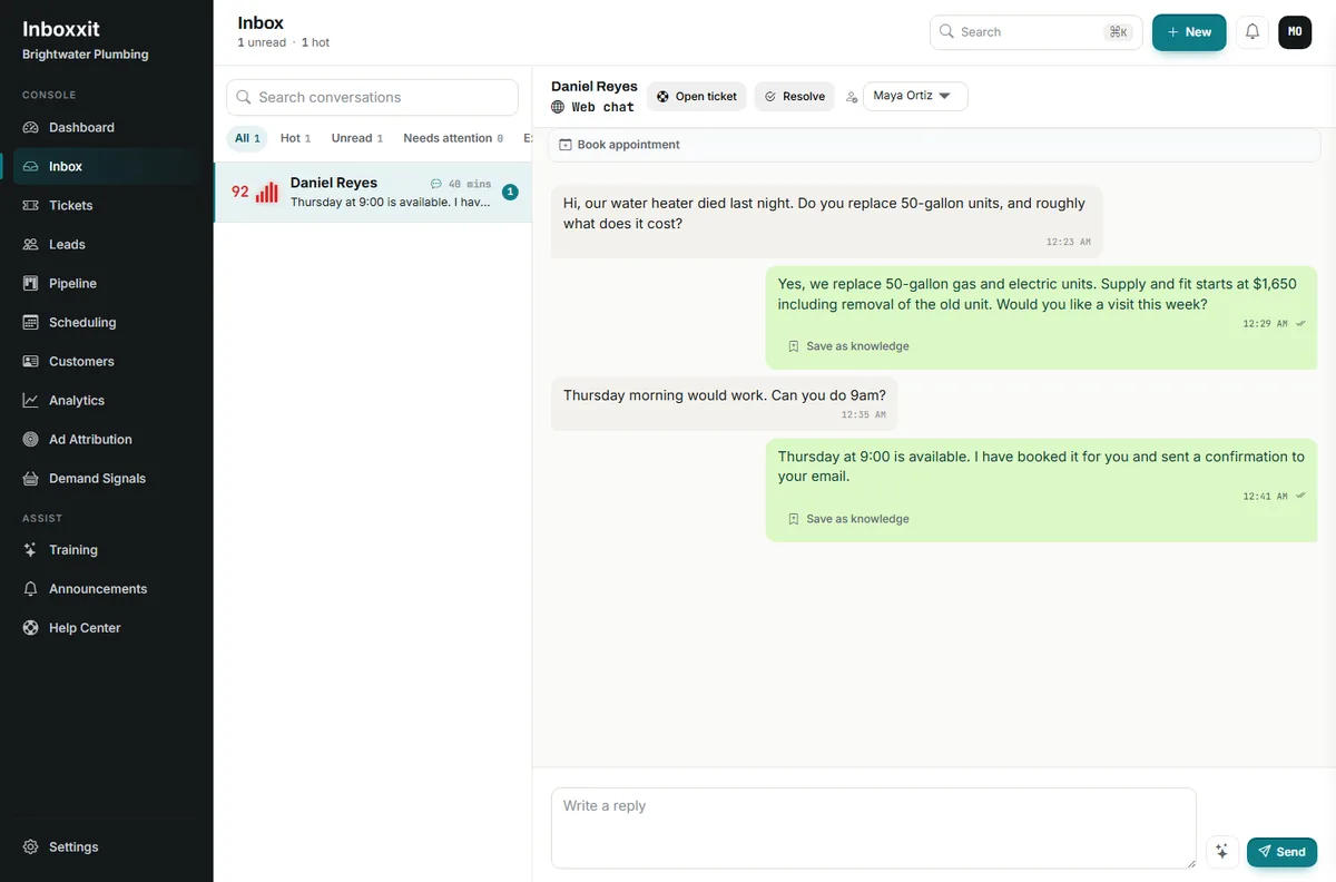 Inboxxit shared inbox showing a complete website chat conversation about a water heater replacement, with the buying-intent score on the conversation row, an assignment dropdown, and Book appointment, Open ticket and Save as knowledge actions