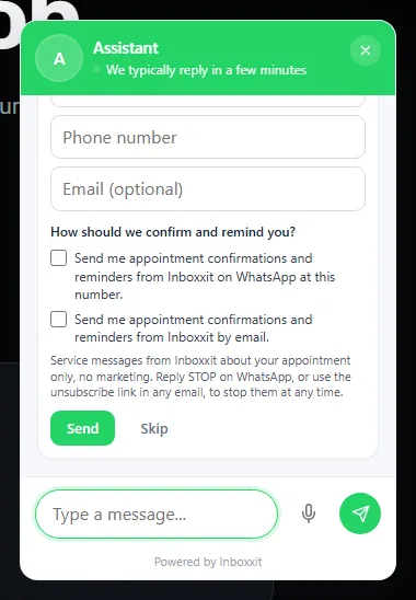 Inboxxit chat widget asking for a phone number and optional email, with two unticked consent boxes for appointment confirmations and reminders by WhatsApp or email and a note that messages are service only with no marketing