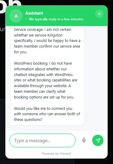 Inboxxit chat widget replying that it is not certain whether the business covers Kingston and has no information about WordPress booking, then offering to connect the visitor with a team member